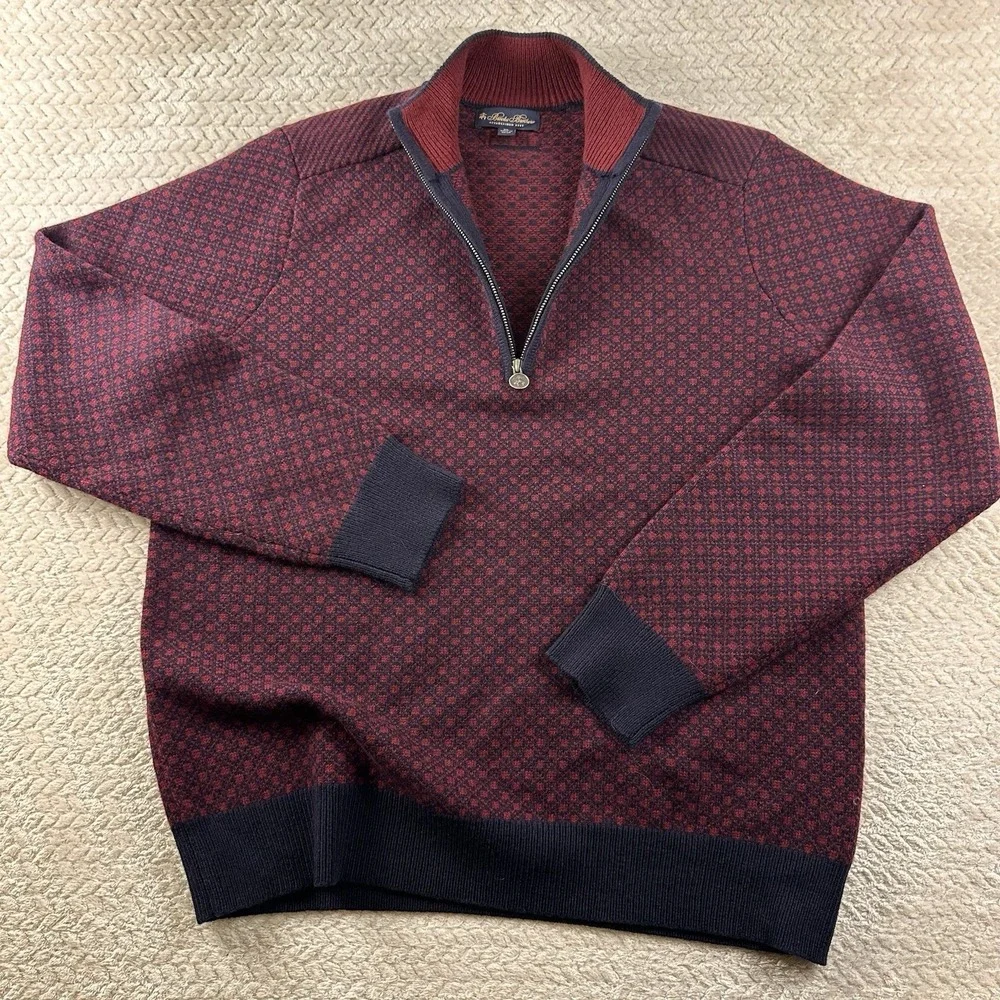Brooks Brothers Men's‎ XL Nordic Wool Sweater half zip Burgundy navy Cabin Cozy